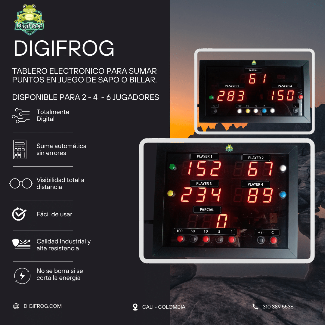Digifrog, tablero electrónico para juego de sapo y billar.